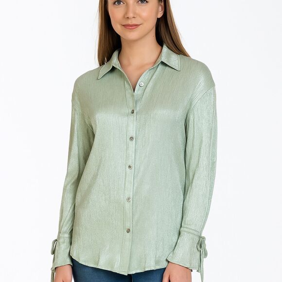 Pretty Lavish Metallic Sage Green Long Sleeve Tie Detail Blouse Women’s Small - Picture 1 of 9